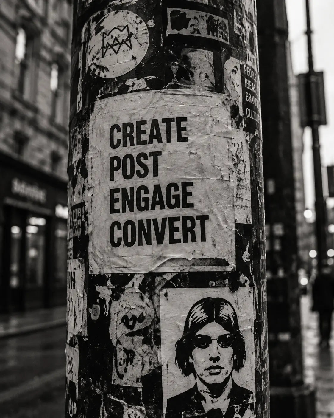 Layered street poster about creating and publishing content