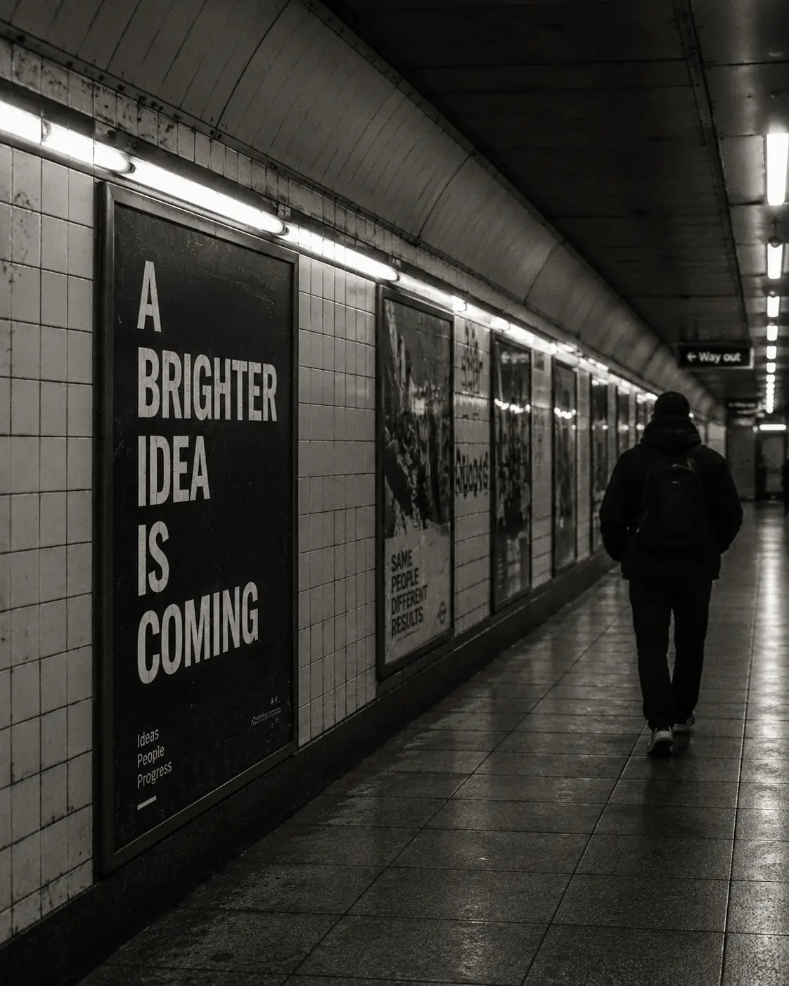 A large advertising panel in an underground station