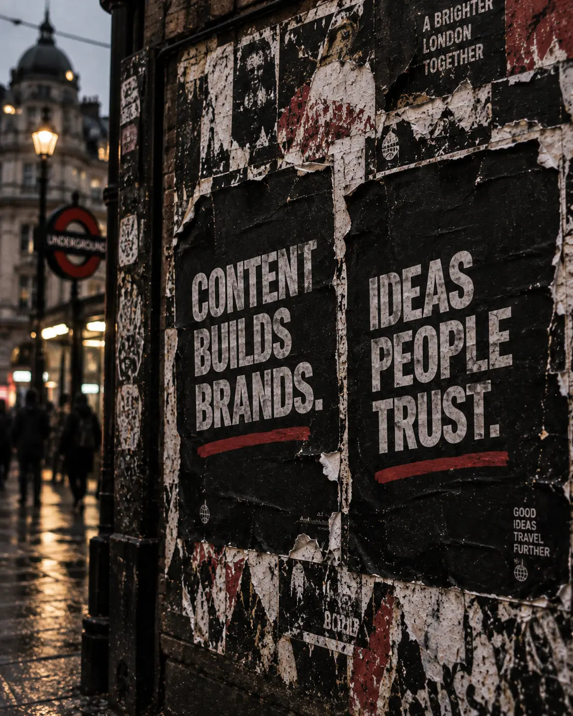 Layered city posters about content and brand building