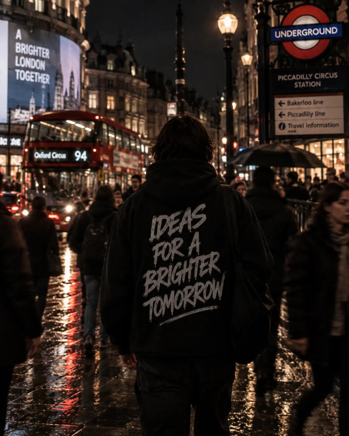 Creative professional walking through a rainy city scene