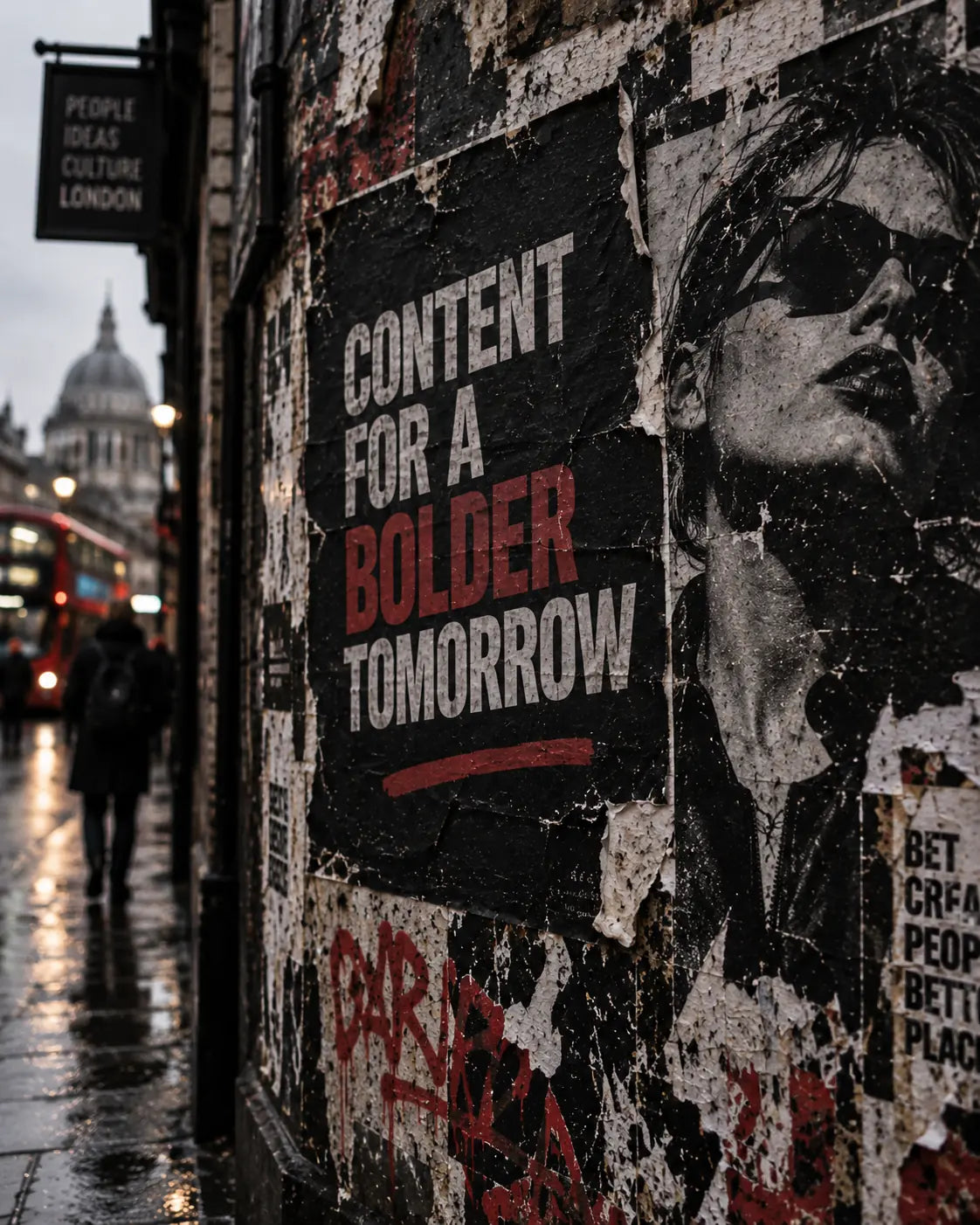 A layered street poster about bold content